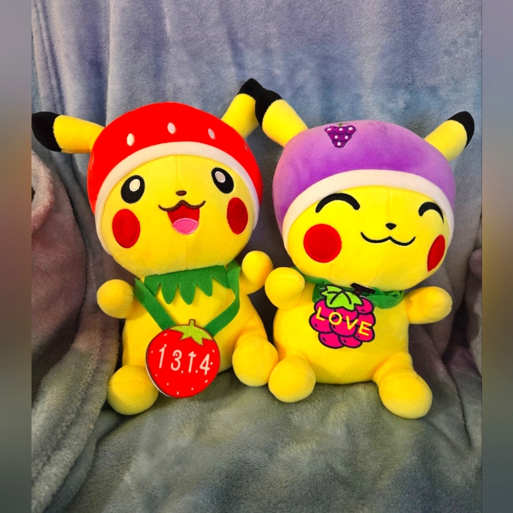 PIKACHU STRAWBERRY AND GRAPE STUFFED ANIMALS WITH SUCTION CUP ON HEAD